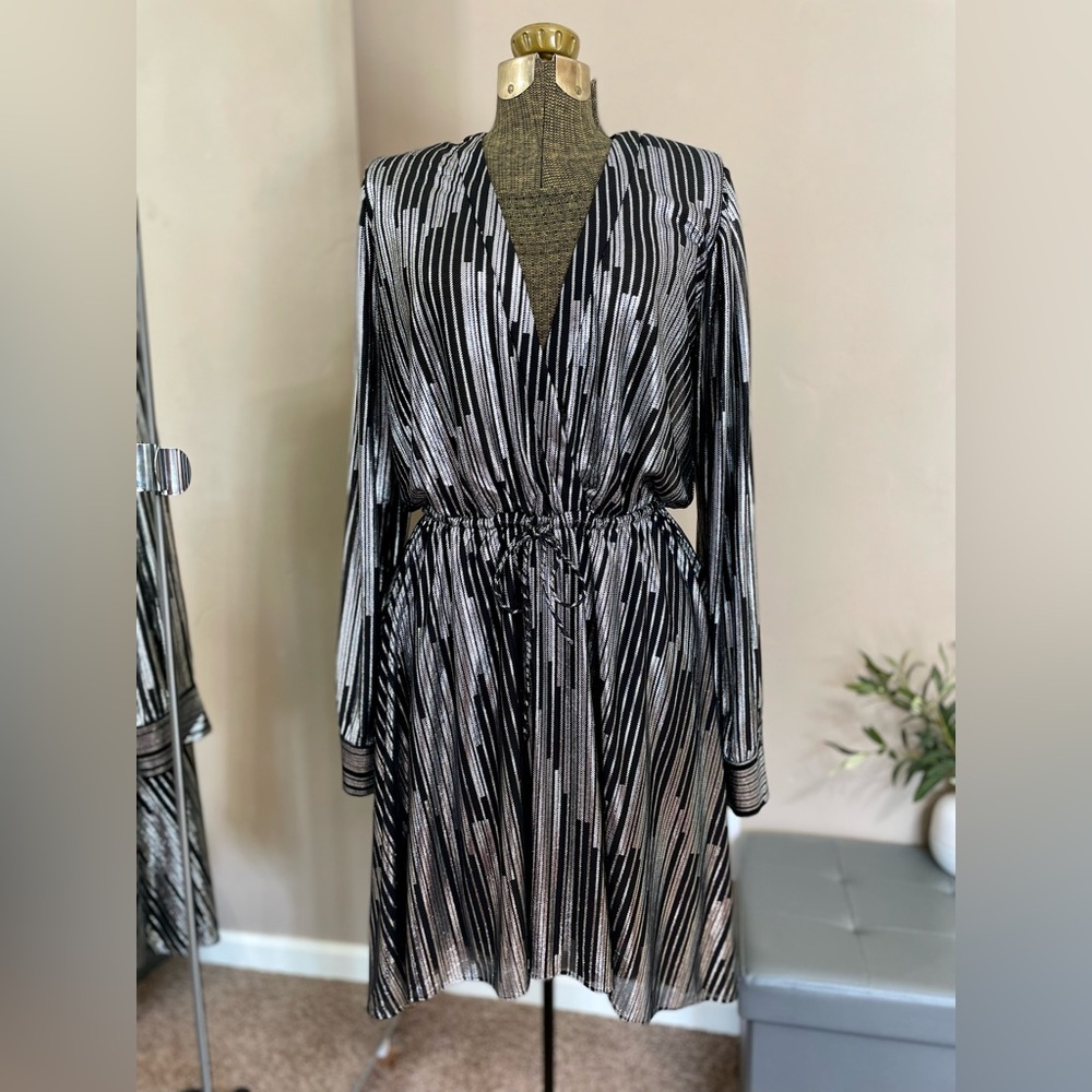 IRO Sheer Metallic Silver Mini Dress Striped Long Sleeve Cocktail Size 36 EUC